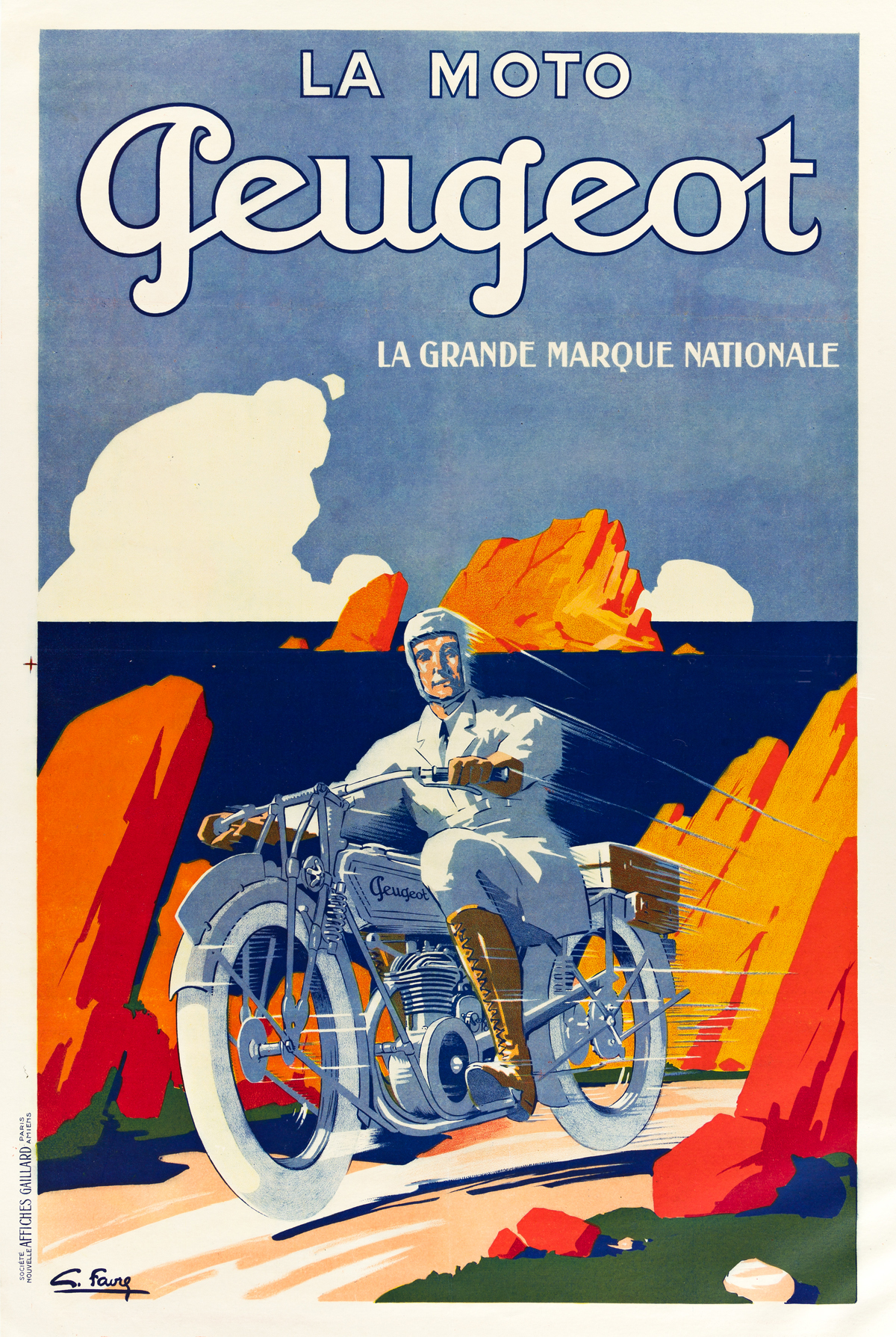 GEORGES FAVRE (DATES UNKNOWN).  LA MOTO PEUGEOT. Circa 1930. 46x31 inches, 116x78 cm. Affiches Gaillard, Paris.